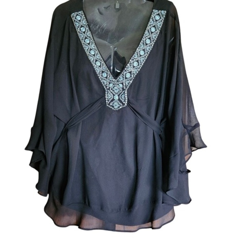 WHBM Black Blouse Small V-Neck Embellished Chiffon Boho Romantic Top Blue Accent